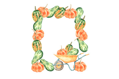 Thanksgiving watercolor frame. Pumpkins, autumn, harvest, farm