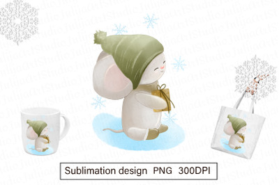 Winter mouse with gift illustration - sublimation design