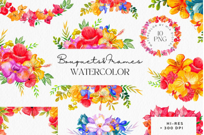 Wedding Floral Bouquet, Border Frame Watercolor PNG Elements