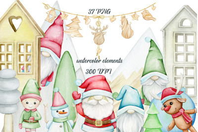 Watercolor clipart. Christmas card PNG. Snowman illustration, Reindeer