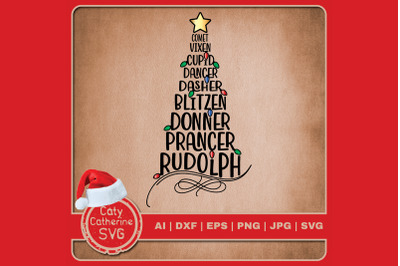 Reindeer Names Christmas Tree with Lights SVG Cut File