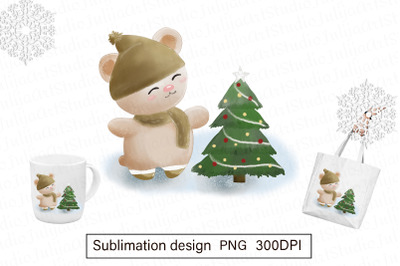 Winter bear with Christmas tree illustration - sublimation