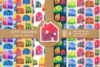 Watercolor houses 6 seamless patterns Jpeg Png