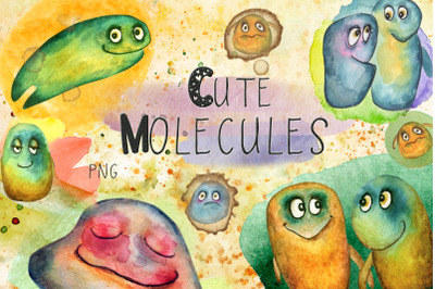 Cute molecules illustration watercolor