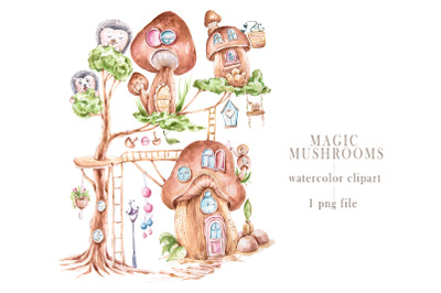 Watercolor magic mushroom house clipart. Cute hedgehogs