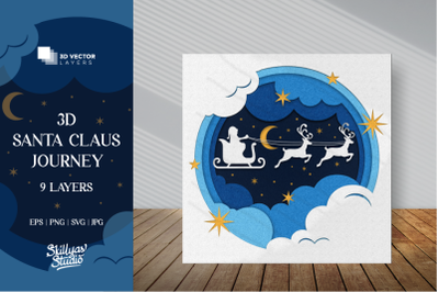 3D Santa Claus Journey Papercut papercraft SVG