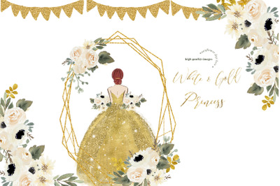 Elegant Gold Princess Dresses Clipart, Greenery white Floral clipart