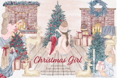 Christmas Girls Watercolor Clipart Winter Holidays New Year Clip Art