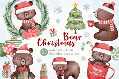 Watercolor Christmas Bear Clipart, Cute Xmas Woodland Animals PNG