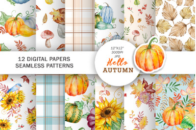 Watercolor Autumn Digital Paper, seamless pattern
