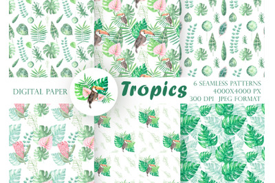 Tropics seamless pattern. Watercolor. Leaf, palm, monstera, toucan.