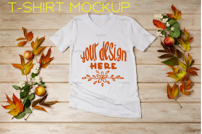 Unisex white T-shirt mockup with snowberry and fall leaves.