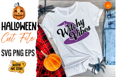 Witchy Vibes-Halloween vintage text and witch hat SVG design