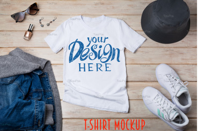 Womens T-shirt mockup with jeans hooded jacket.