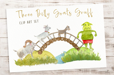 Three Billy Goats Gruff Watercolor Clip Art Set