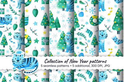 Christmas seamless pattern with blue tiger, new year 2022