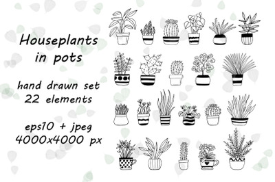 houseplants in pots hand drawn set
