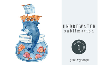 Watercolor nautical dolphin clipart / sublimation- 1 png file