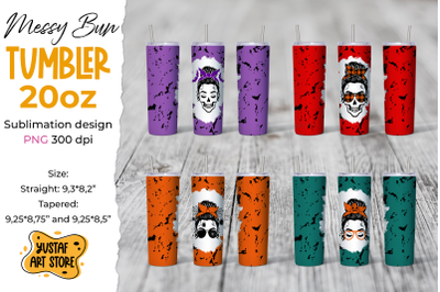 Halloween Messy Bun tumbler sublimation wrap bundle.4 design