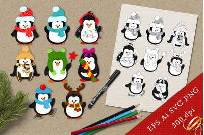 Funny winter penguins and coloring pages. Clipart