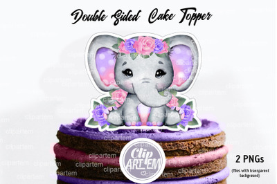 Cute Pink Purple Baby Girl Elephant Double Sided Topper watercolor PNG