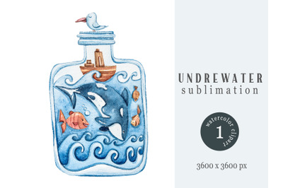 Watercolor nautical sublimation &2F; clipart. Orca illustration