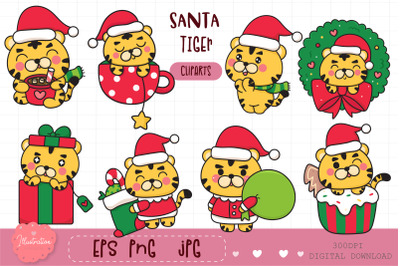 Cute baby tiger, kawaii Christmas, happy new year clipart
