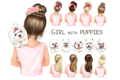 Girls with puppies watercolor clipart, dogs portrait, white dogs png