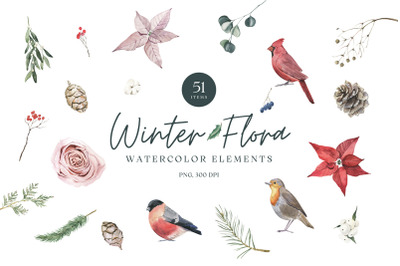 Winter Flora Watercolor Elements