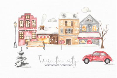 Winter city watercolor collection
