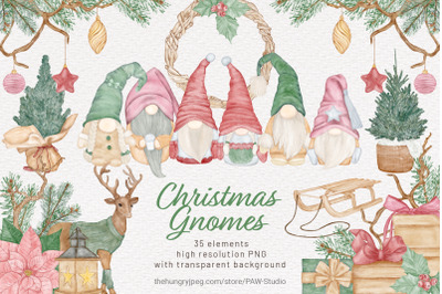 Christmas Gnomes Watercolour Clipart Winter Holidays Xmas Tree Clipart
