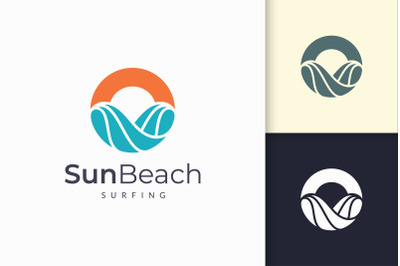 Ocean or Sea Logo in Abstract Water Wave and Sun Represent Adventure