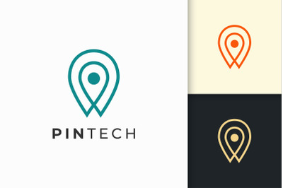 Pin Logo or Marker in Simple Line and Modern Shape Represent Technolog