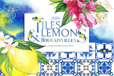 Blue Tiles Lemons Bougainvillea. Watercolor Clipart