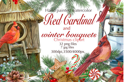 Christmas watercolor clipart, bird cardinal.Christmas wreath , Winter