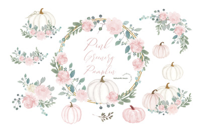 Elegant White Cream Pumpkin&2C; Greenery Watercolor clipart