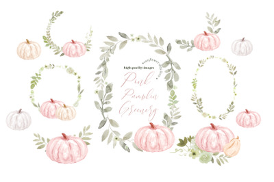Pink Pumpkin Floral Greenery Watercolor Clipart