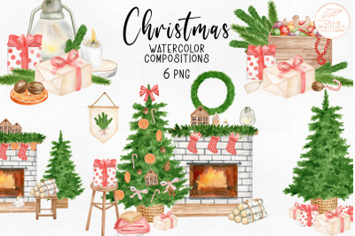 Watercolor Christmas Clipart. Fireplace, Christmas Tree PNG