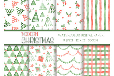 Watercolor Modern Christmas digital paper pack New Year red green whit
