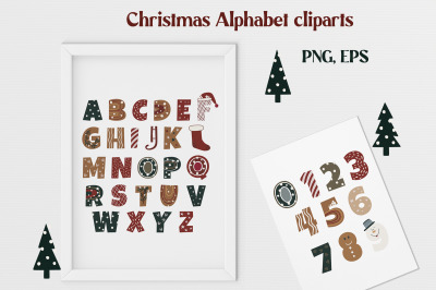 Christmas alphabet and numbers cliparts Holiday decorative letters