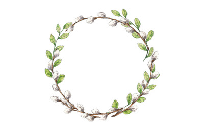 Spring willow and green branches circle frame (wreath)