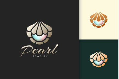 Pearl Logo With Shell or Clam Represent Jewelry and Gem