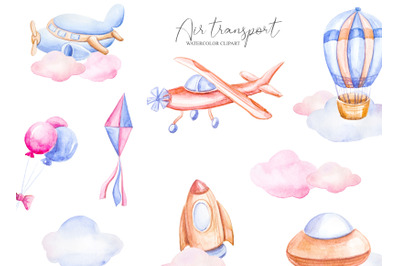 Watercolor air transport clipart- airplane illustration set