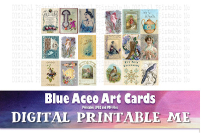 Blue Junk Journal, Art Card Kit, Vintage Aceo 2.5&quot; 3.5&quot;, Antique ephem