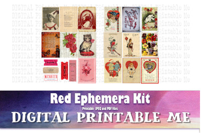 Red Junk Journal, Art Card Kit, Vintage Aceo 2.5&quot; 3.5&quot;, Heart Antique