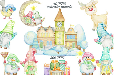 Christmas Gnomes PNG. Watercolor clipart. Winter clip art. New year Gn
