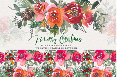 Merry Christmas* Watercolor Subtle Flowers Bouquets &amp; Seamless Pattern