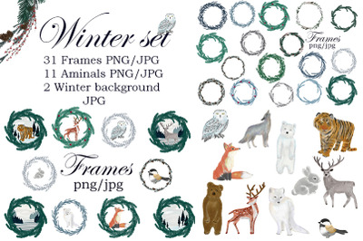 Winter holidays. Christmas ornaments. Frames. Animals.