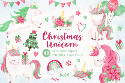 Watercolor Christmas Unicorns Clipart, Magical Xmas Animals PNG
