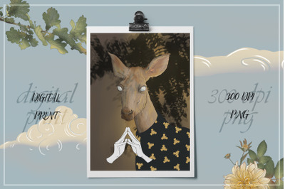 Mysterious Animal Portrait. Deer Poster Print JPEG